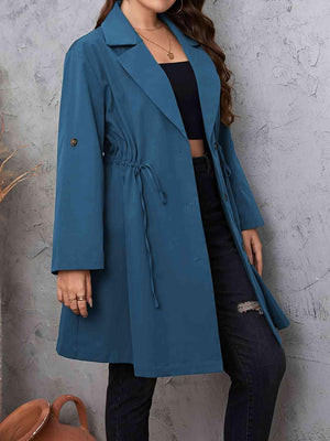 Roll-Tab Sleeve Drawstring Collared Trench Coat-MXSTUDIO.COM