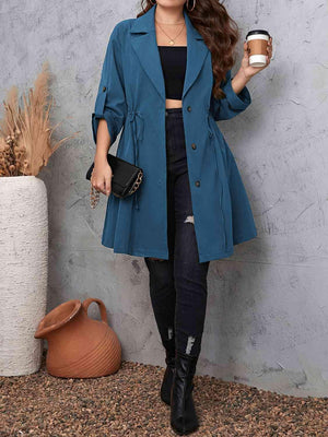 Roll-Tab Sleeve Drawstring Collared Trench Coat-MXSTUDIO.COM