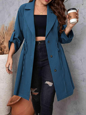 Roll-Tab Sleeve Drawstring Collared Trench Coat-MXSTUDIO.COM