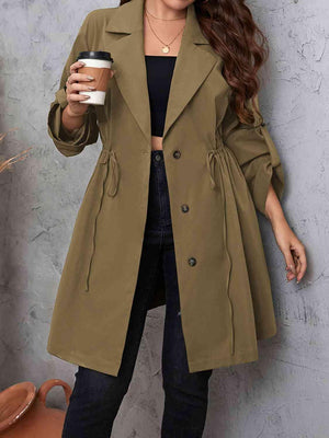 Roll-Tab Sleeve Drawstring Collared Trench Coat-MXSTUDIO.COM