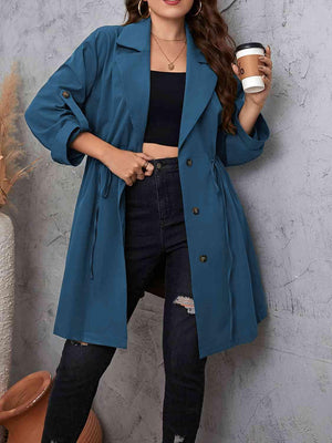 Roll-Tab Sleeve Drawstring Collared Trench Coat-MXSTUDIO.COM