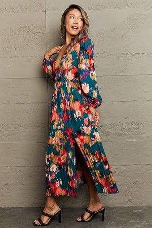 Romantically Aesthetic Deep V Pleated Maxi Dress - MXSTUDIO.COM
