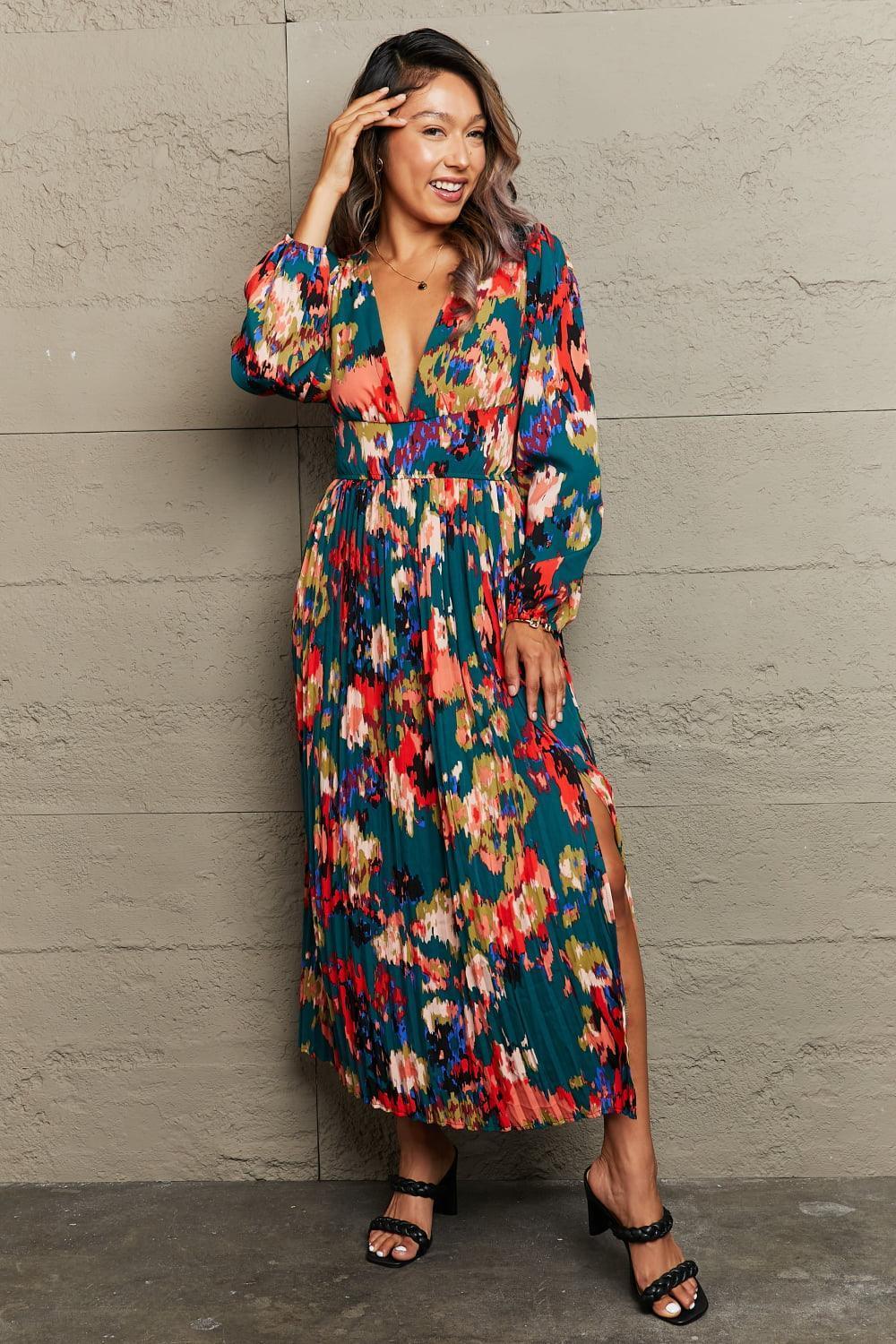 Romantically Aesthetic Deep V Pleated Maxi Dress - MXSTUDIO.COM