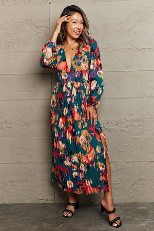 Romantically Aesthetic Deep V Pleated Maxi Dress - MXSTUDIO.COM