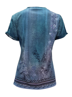 a women's top with a blue and purple pattern