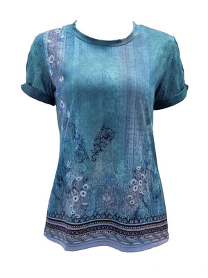 a women's blue top with a floral design
