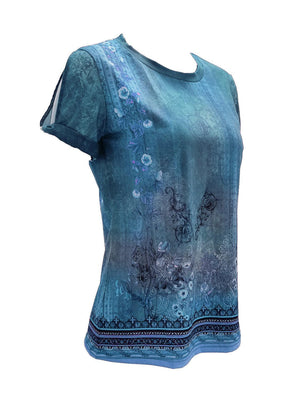 a women's blue shirt with flowers on it