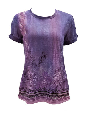 a women's purple top with a floral design