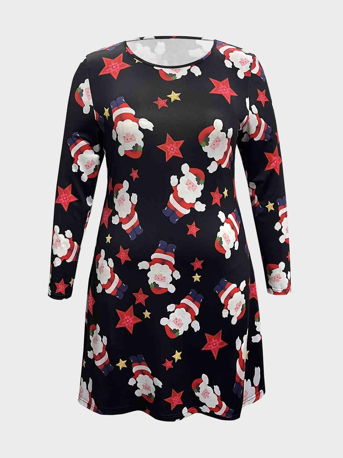 Santa Printed Plus Size Black Christmas Dress-MXSTUDIO.COM