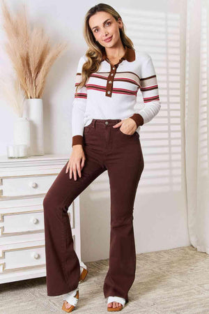 Sassy Striped Long Sleeve Rib Knit Top-MXSTUDIO.COM