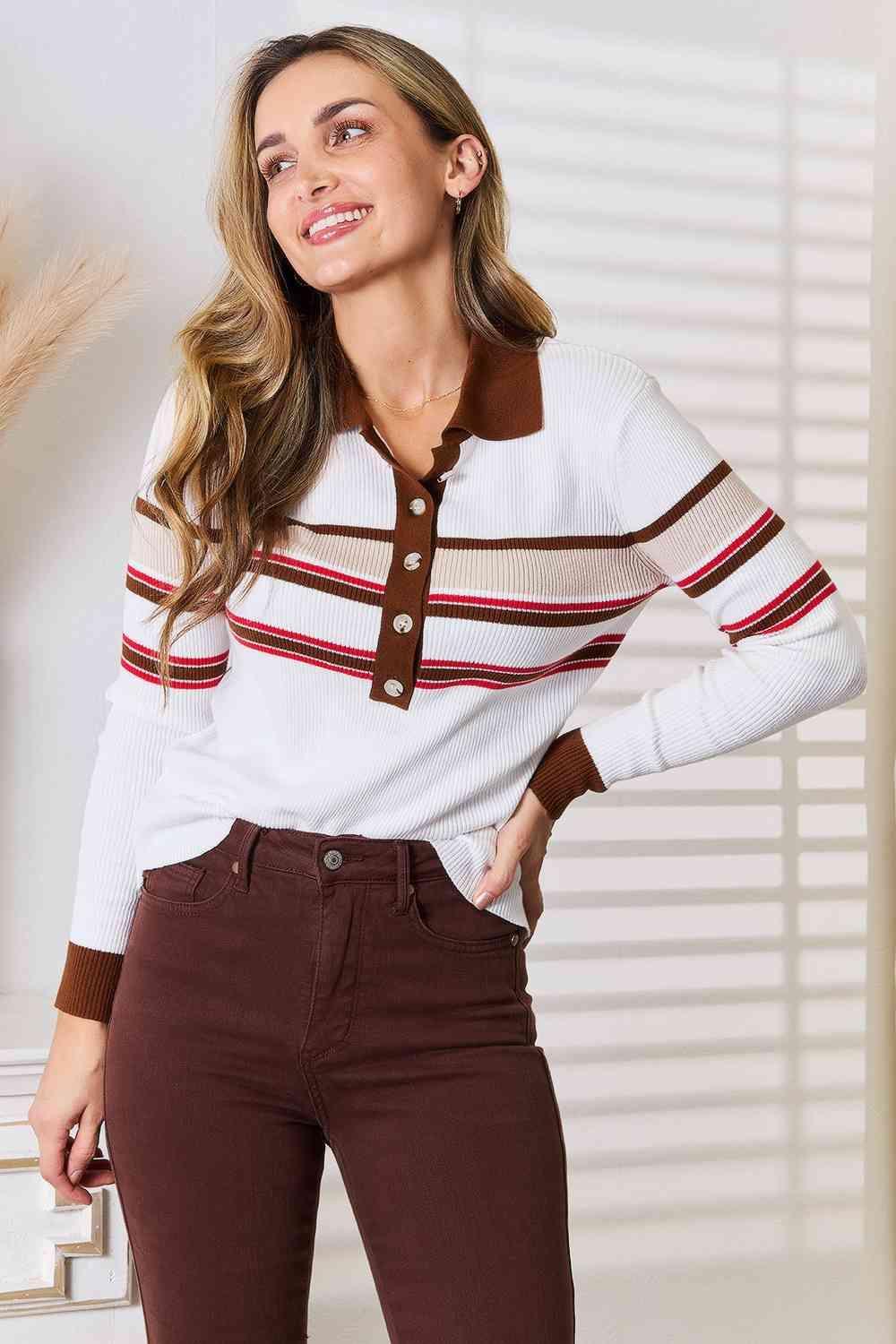 Sassy Striped Long Sleeve Rib Knit Top-MXSTUDIO.COM