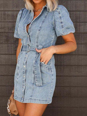 Saturday Style Puff Sleeve Denim Mini Dress - MXSTUDIO.COM