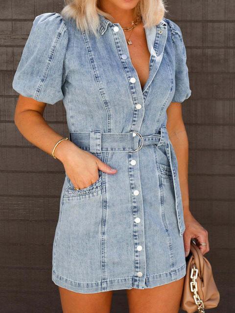 Saturday Style Puff Sleeve Denim Mini Dress - MXSTUDIO.COM