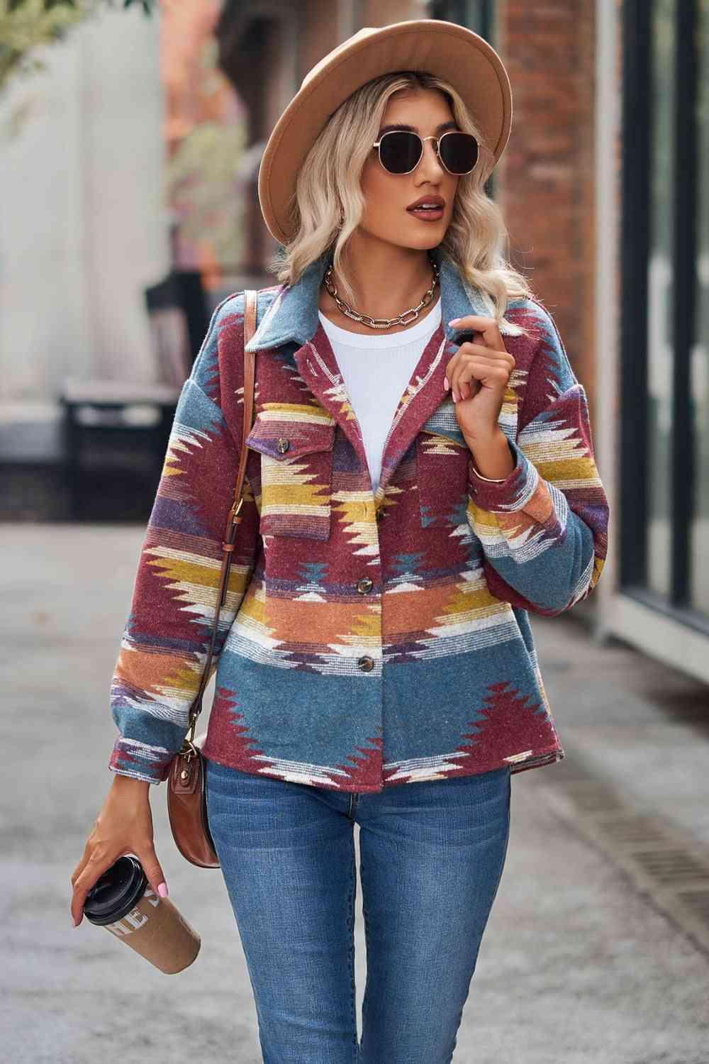 Saturday Warmth Collared Geometric Shirt Jacket - MXSTUDIO.COM