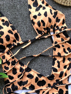 a bathing suit with a leopard print on it