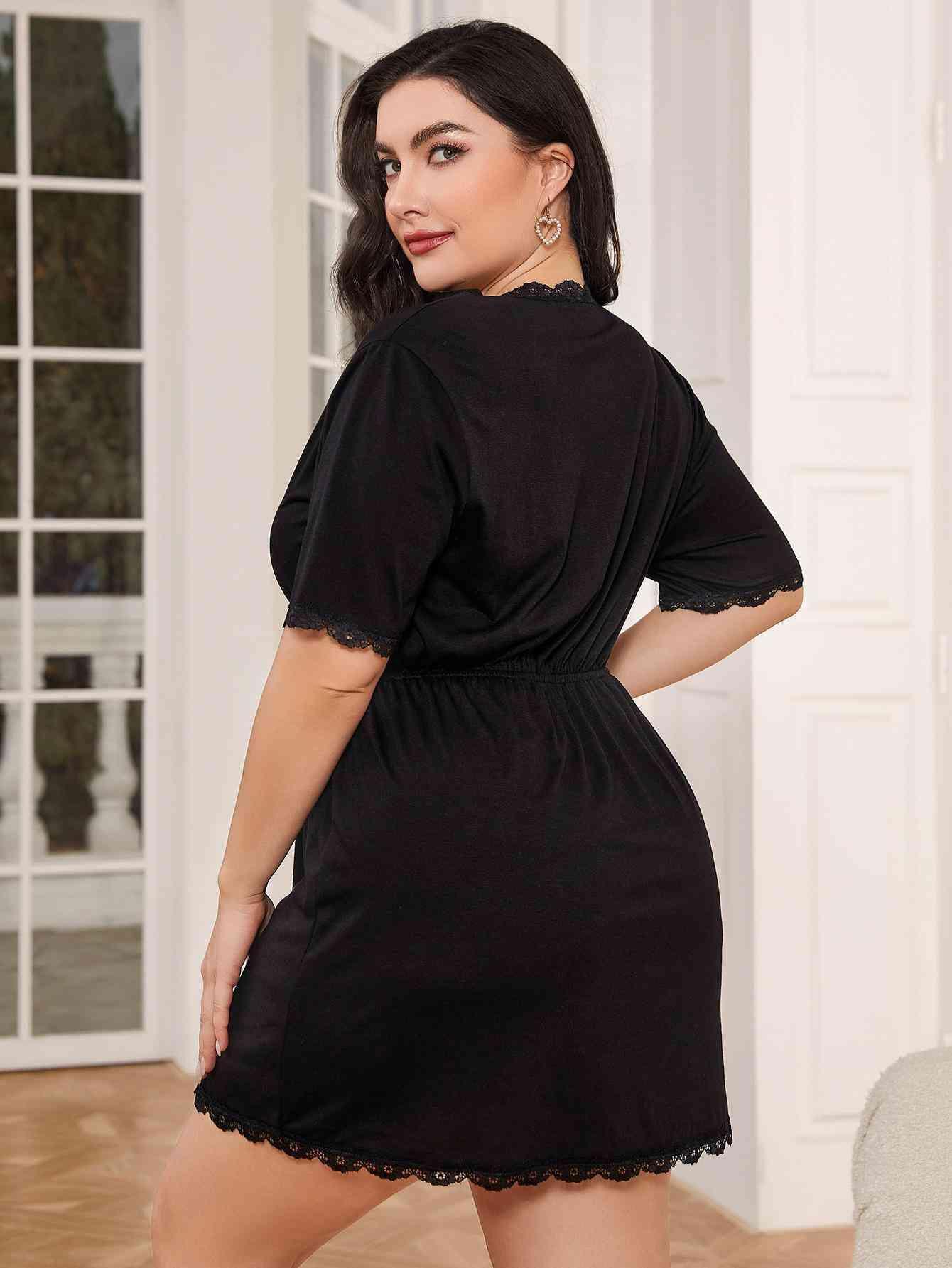 Scalloped Lace Trim Plus Size Black Nightgown - MXSTUDIO.COM