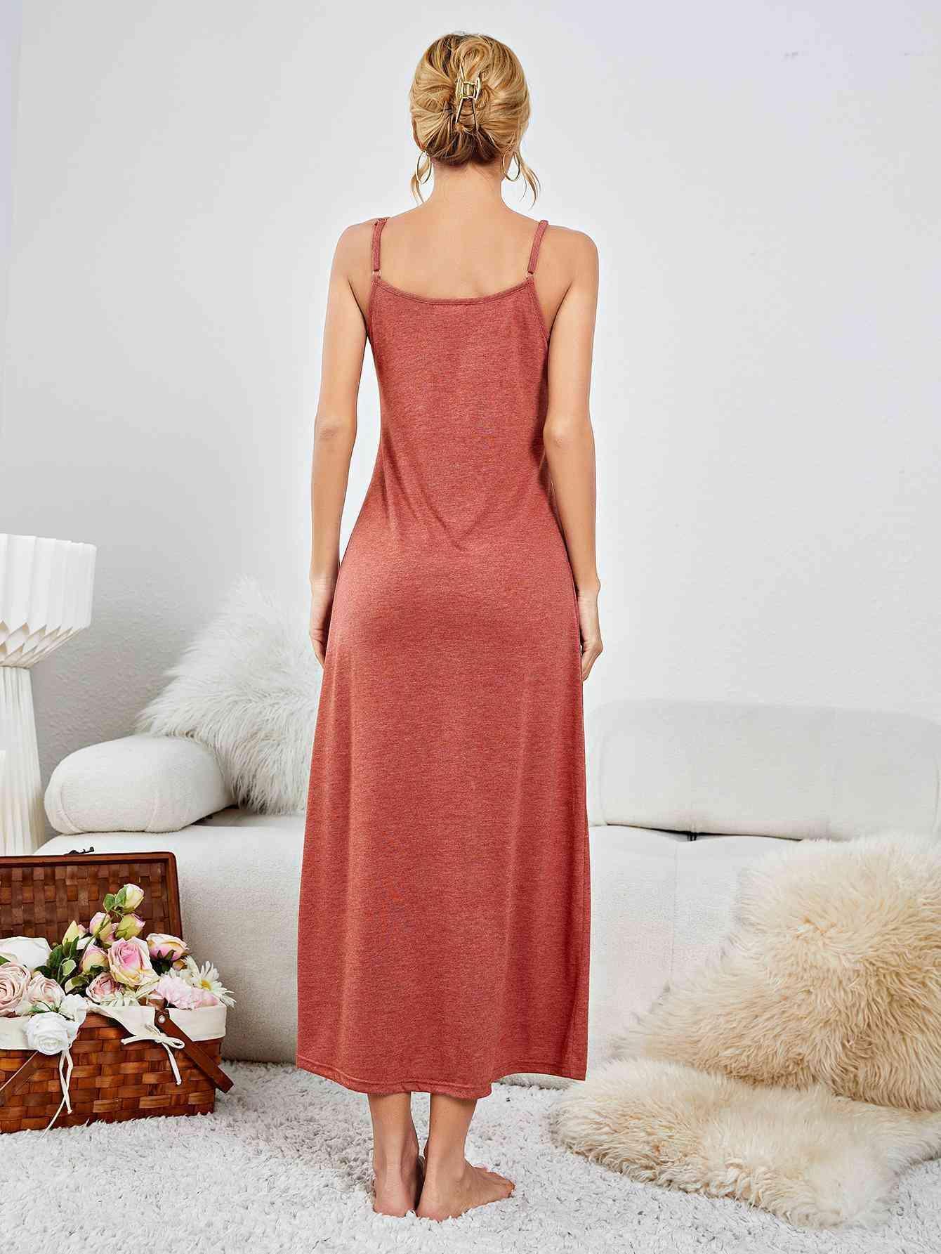 Scoop Neck Brick Red Spaghetti Strap Nightgown - MXSTUDIO.COM