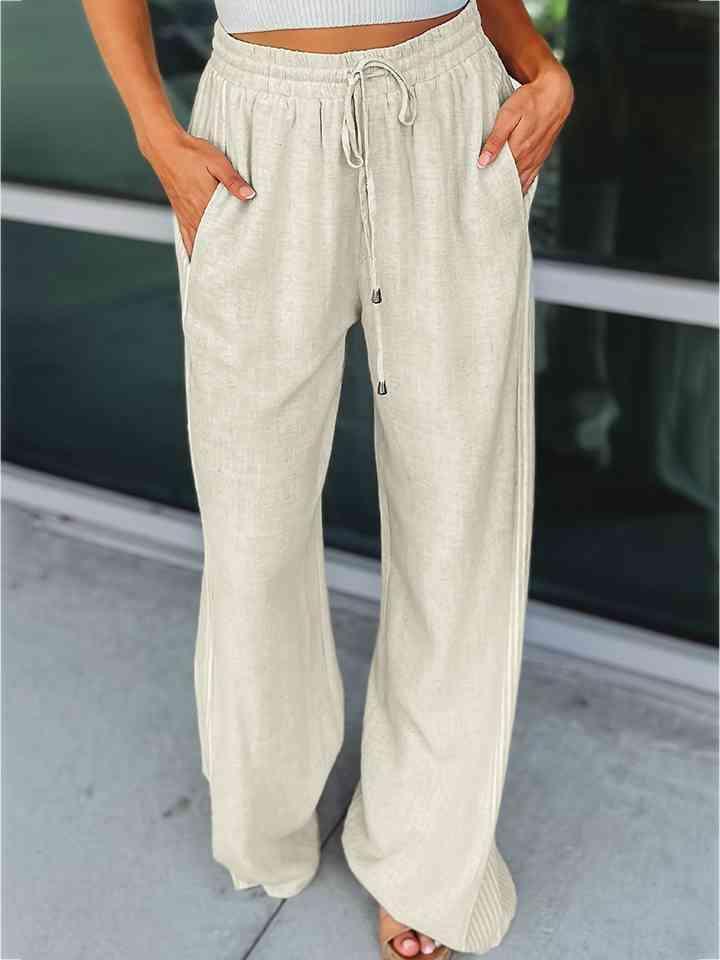Self-Standing Lady White Wide Leg Drawstring Pants - MXSTUDIO.COM