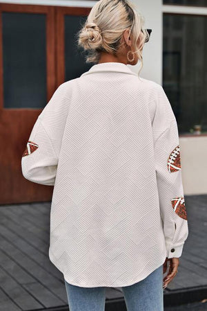 Sequin Football Patch Snap Button White Jacket - MXSTUDIO.COM