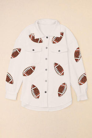 Sequin Football Patch Snap Button White Jacket - MXSTUDIO.COM