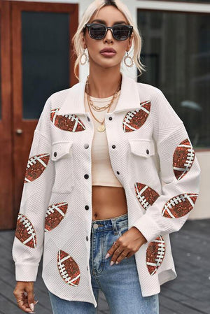 Sequin Football Patch Snap Button White Jacket - MXSTUDIO.COM