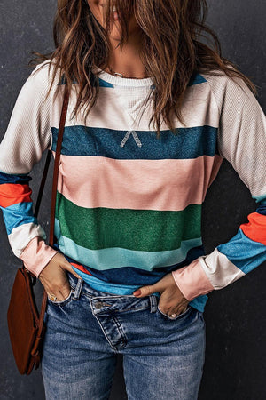 Set Free Crew Neck Striped Long Sleeve Top - MXSTUDIO.COM