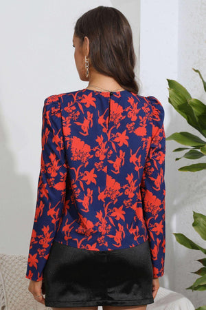 Sharp Round Neck Floral Long Sleeve Blouse - MXSTUDIO.COM