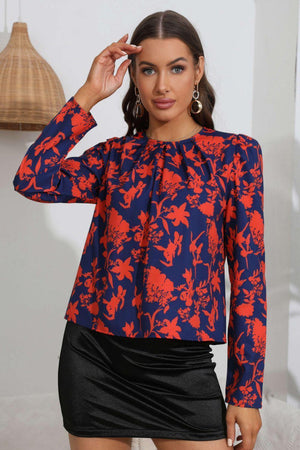 Sharp Round Neck Floral Long Sleeve Blouse - MXSTUDIO.COM