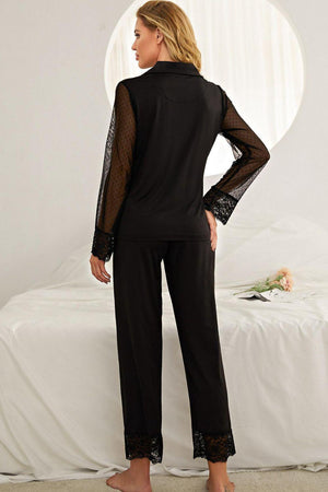 Sheer Mesh Sleeves Top And Lace Trim Pajama Sets - MXSTUDIO.COM