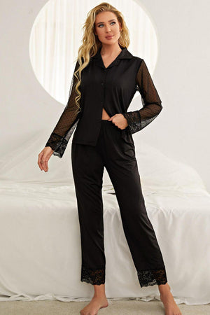 Sheer Mesh Sleeves Top And Lace Trim Pajama Sets - MXSTUDIO.COM