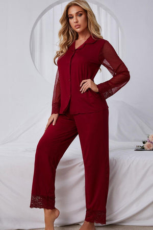 Sheer Mesh Sleeves Top And Lace Trim Pajama Sets - MXSTUDIO.COM