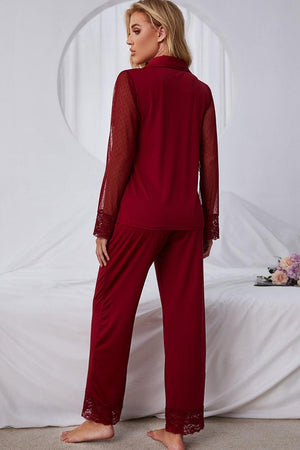 Sheer Mesh Sleeves Top And Lace Trim Pajama Sets - MXSTUDIO.COM