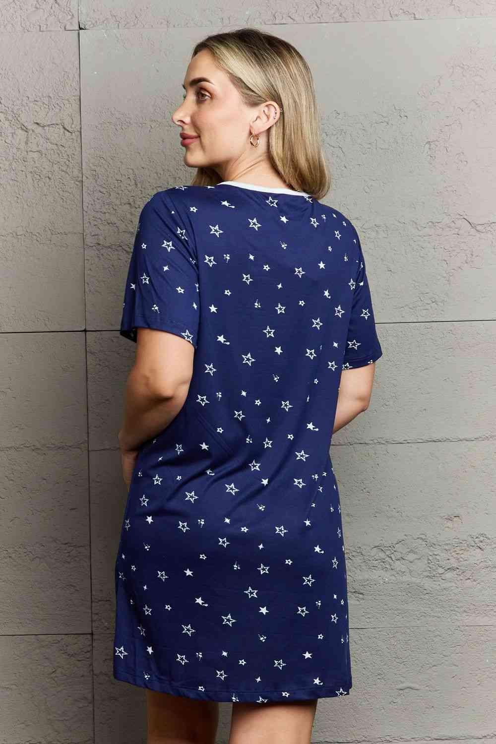 Short Sleeve Button Down Navy Blue Nightgown - MXSTUDIO.COM