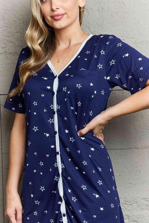 Short Sleeve Button Down Navy Blue Nightgown - MXSTUDIO.COM
