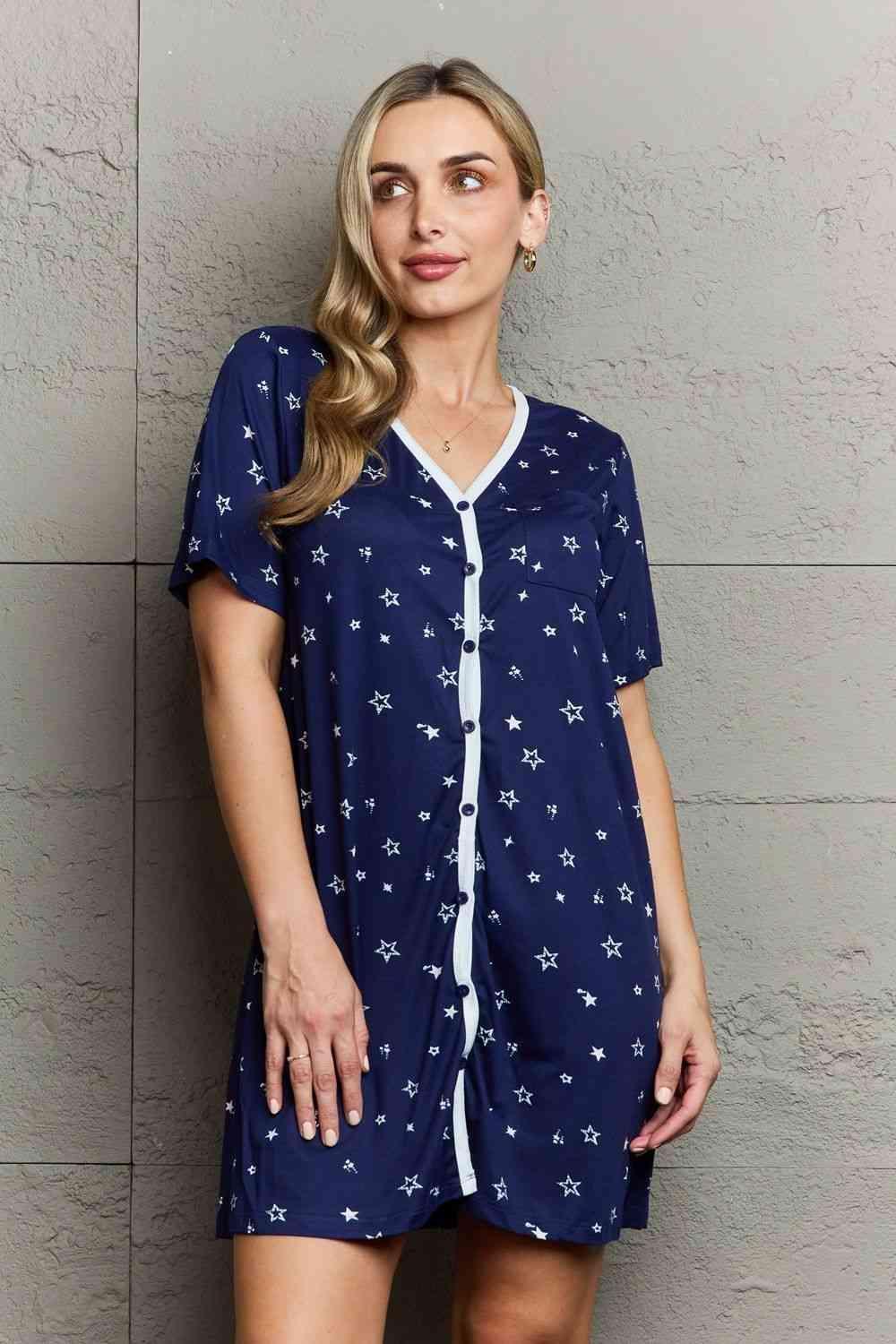 Short Sleeve Button Down Navy Blue Nightgown - MXSTUDIO.COM