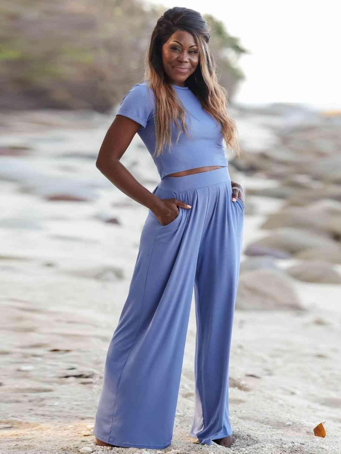 Short Sleeve Crop Top and Wide Leg Pants Set - MXSTUDIO.COM