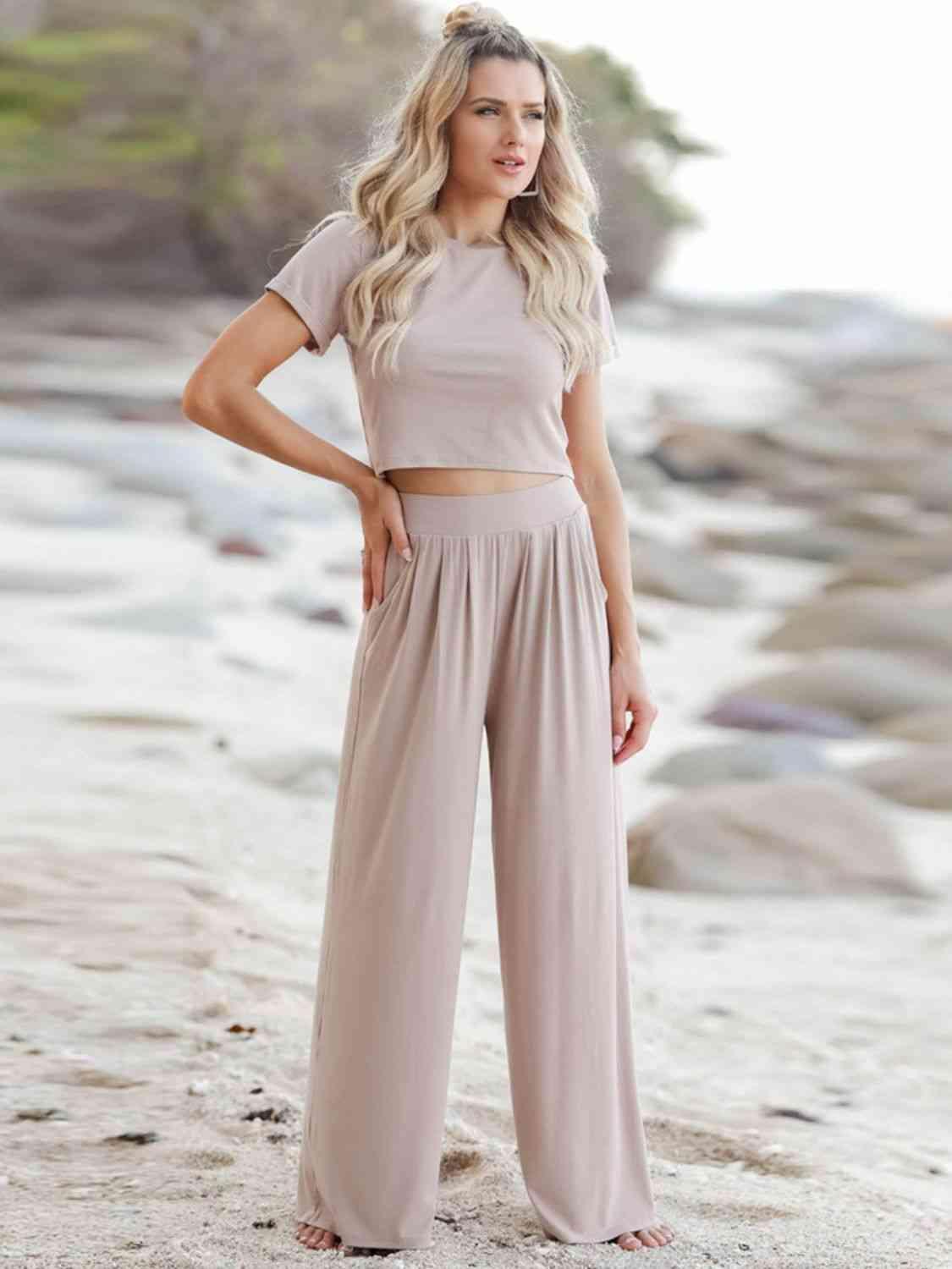 Short Sleeve Crop Top and Wide Leg Pants Set - MXSTUDIO.COM