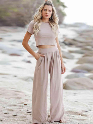 Short Sleeve Crop Top and Wide Leg Pants Set - MXSTUDIO.COM