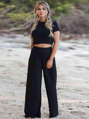 Short Sleeve Crop Top and Wide Leg Pants Set - MXSTUDIO.COM