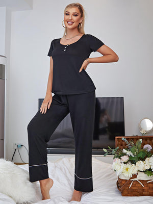 Short Sleeve Top And Long Pants Black Lounge Set - MXSTUDIO.COM