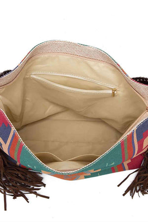 a multicolored bag with tassels and a tassel