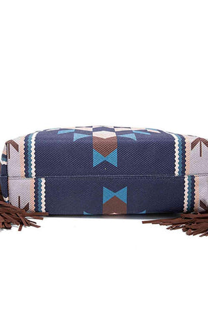 a blue and white bag with tassels on it