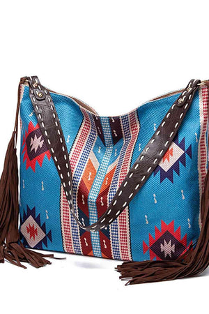 a blue bag with a brown fringe on it