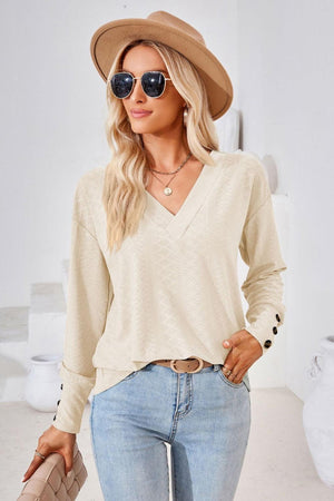 Simple Sophistication V Neck Long Sleeve Top - MXSTUDIO.COM