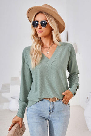 Simple Sophistication V Neck Long Sleeve Top - MXSTUDIO.COM