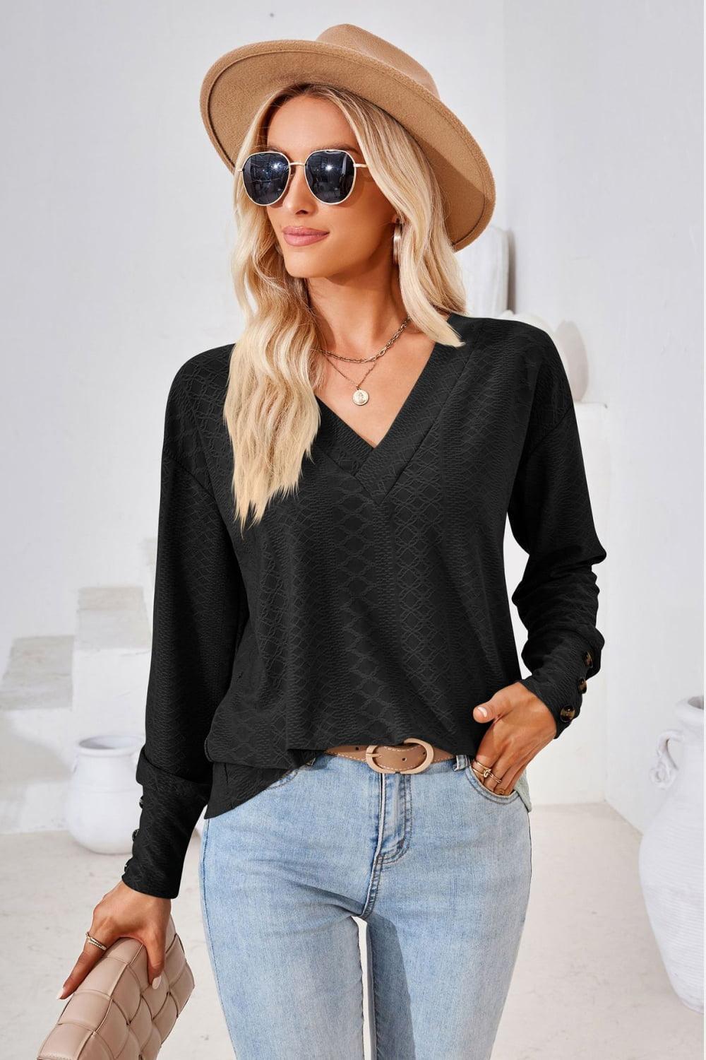 Simple Sophistication V Neck Long Sleeve Top - MXSTUDIO.COM