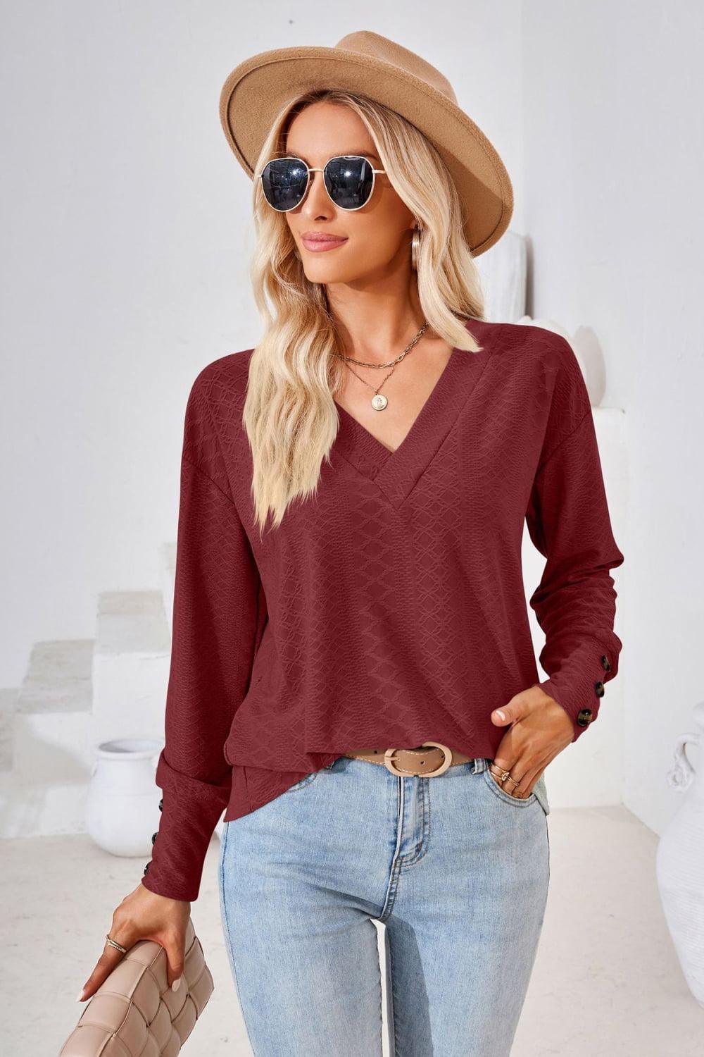 Simple Sophistication V Neck Long Sleeve Top - MXSTUDIO.COM