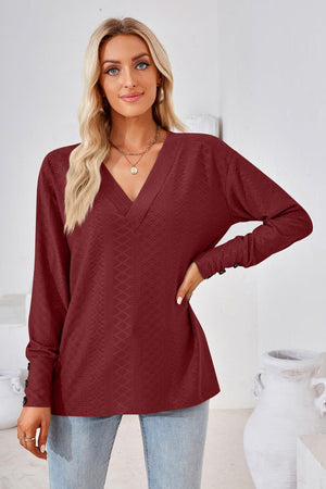 Simple Sophistication V Neck Long Sleeve Top - MXSTUDIO.COM