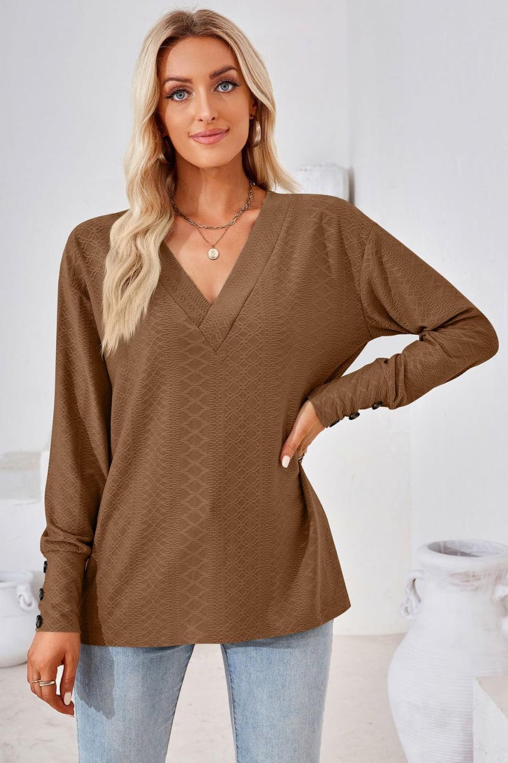 Simple Sophistication V Neck Long Sleeve Top - MXSTUDIO.COM