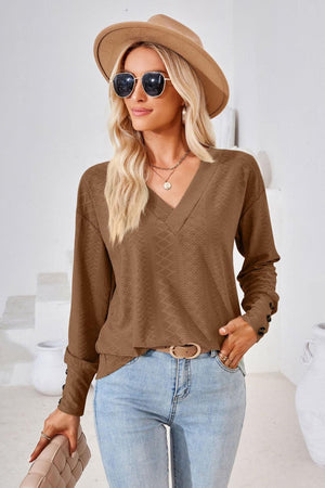Simple Sophistication V Neck Long Sleeve Top - MXSTUDIO.COM